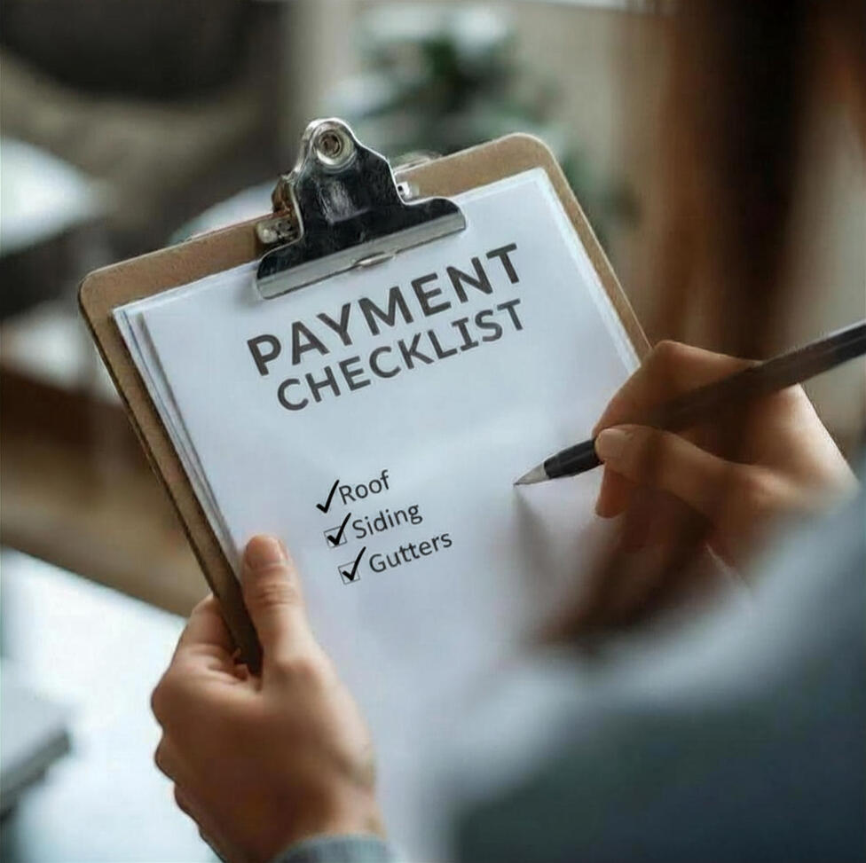 Standalone Hail Insurance Coverage Homeowner reviewing a payment checklist for roof, siding and gutter repairs after a hail or wind damage event.