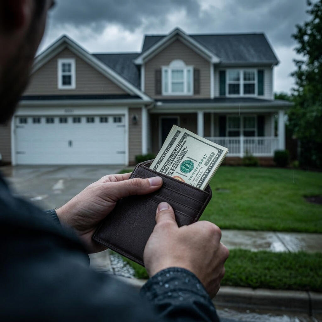 High Out-Of-Pocket Costs After Hail Damage Homeowner holding cash in front of a house, illustrating the out-of-pocket costs that can result from hail and wind damage claims.